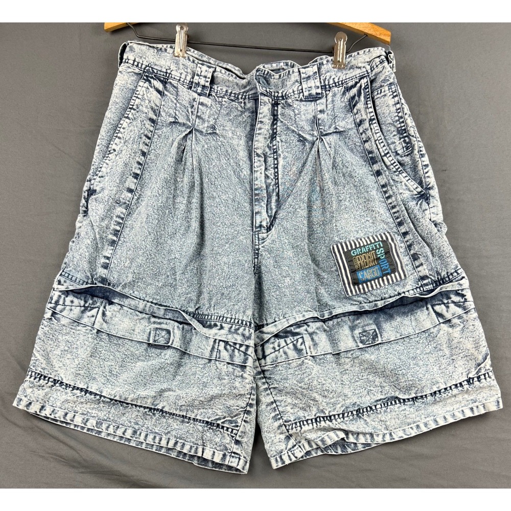 Graffiti Sport Cargo Shorts Mens 36 Blue Acid Wash Denim Vintage 90s Pleated